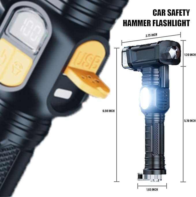 Safety Hammer Flashlight for Car, Emergency Rescue Tool with Seatbelt Cutter, 6 in 1 Screwdrivers Bit Storage Kit, Sound & Li