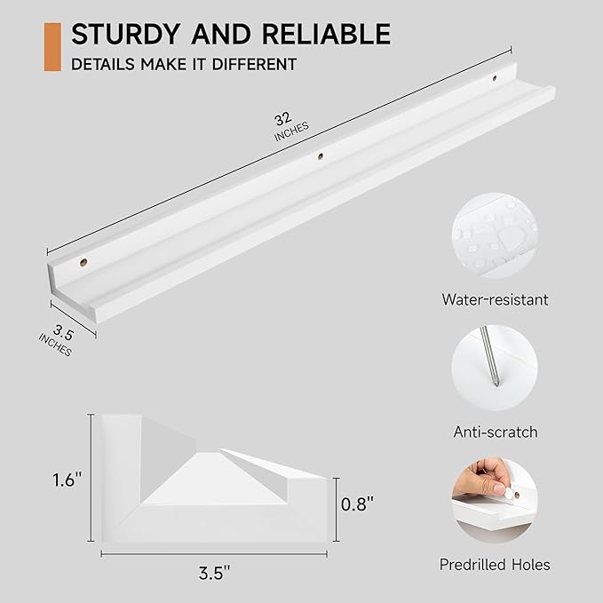 Fun Memories Picture Ledge Shelf, 32 Inch Floating Shelves Set of 2, Large Nursery Book Shelves for Toys Storage, Kids Booksh
