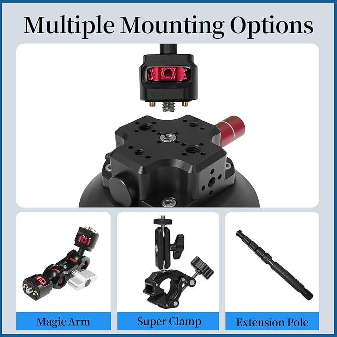 CNC Machined 4.5in Suction Cup Camera Mount with Ball Head Magic Arm, 1/4" ARRI Holes, Quick Release Car Mount with Phone Holder&Action Camera Adapter Compatible with DJI OSMO Pocket3 Insta360 iPhone