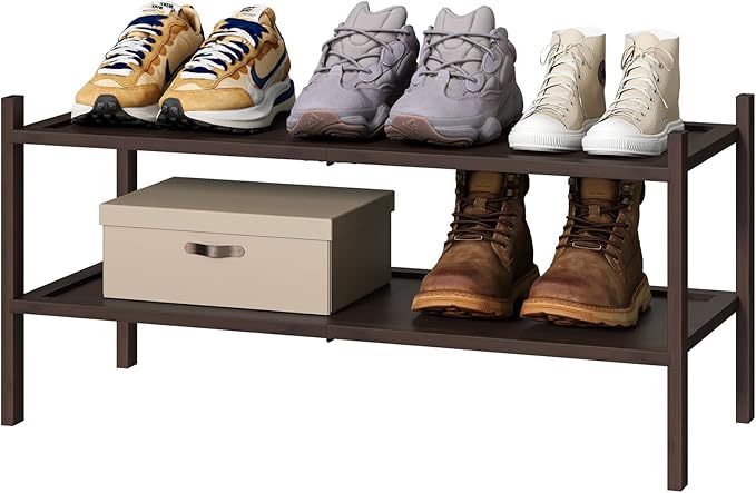 kiplant Bamboo Shoe Rack for Entryway, 2-Tier Stackable | Foldable | Natural, Shoe Organizer for Hallway Closet, Free Standin
