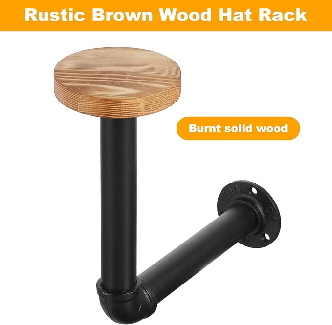 Cowboy Hat Rack -2 Pack Black Metal Pipe & Brown Wood Wall-Mounted Hat & Wig Holder, Hanging Motorcycle Helmet Holder Rack, R