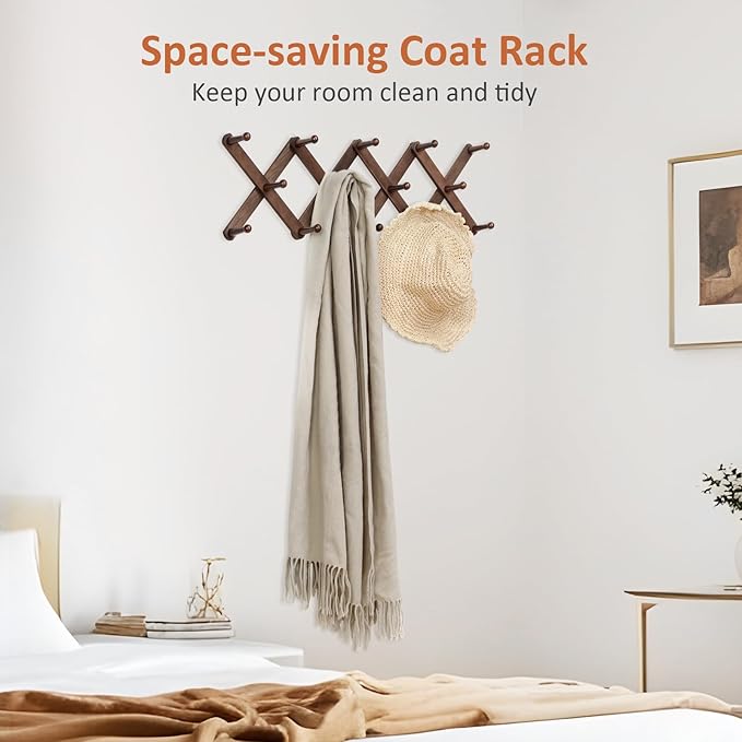 Accordion Wall Hanger, Hat Rack for Wall with 14 Coat Hooks, Expandable Hat Hangers Organizer, Vintage Decorative Coat Rack W
