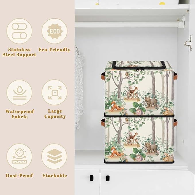 Woodland Wildlife Storage Basket - Cute Animals Party Bin Collapsible Organizer with Zipper Lid, Kid Rectangular Decorative B