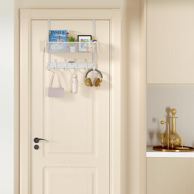 LUCYCAZ Over The Door Hooks Organizer, Door Hanger Storage with Coat Hooks Wreath Hanger & Mesh Basket, Over The Door Towel R