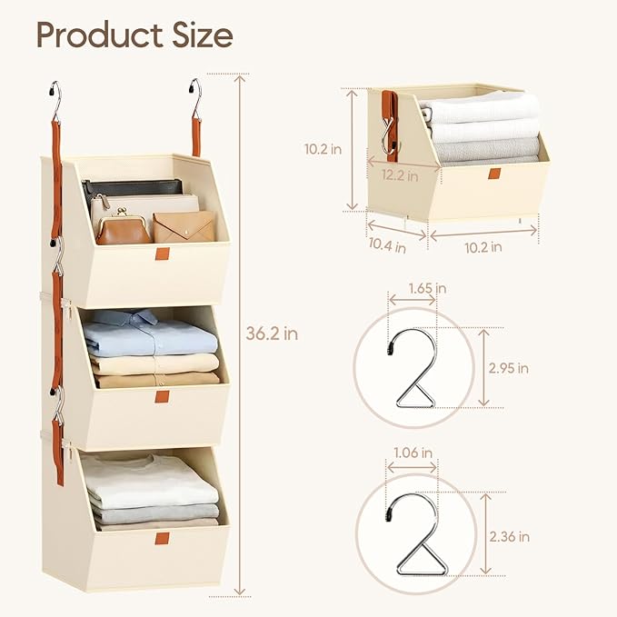Homsorout Collapsible Hanging Closet Organizer - 3 Tier Closet Shelves Storage System with Hooks, Fabric Hanging Storage Bins