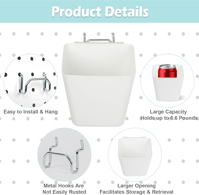 8 Pack Large Pegboard Bins with Hooks, Square Box Shape Peg Board Cups and Peg Board Accessories for Craft Room, Playroom, Of