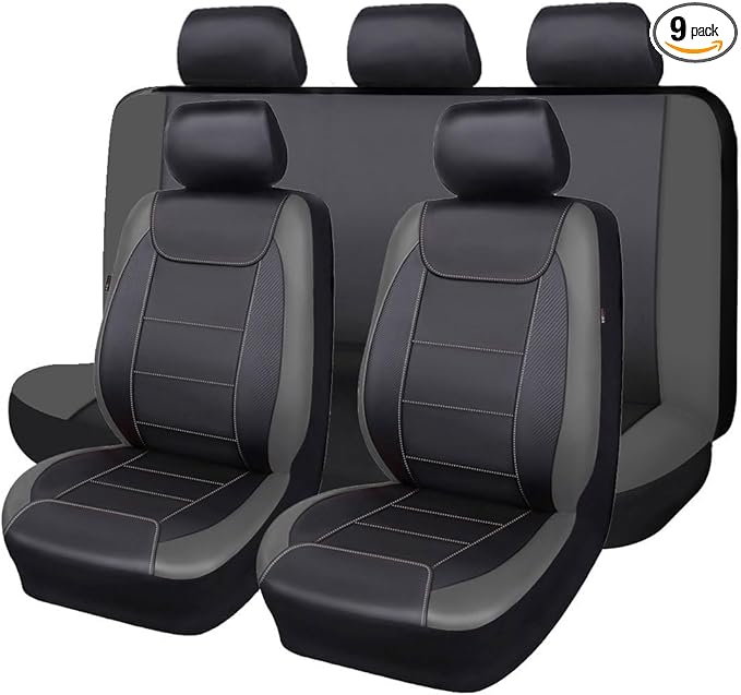 Flying Banner car seat Covers Protects Water Proof Faux Leather Carbon Fiber Front and Rear Bench (Black Gray, Full Set - 8PC