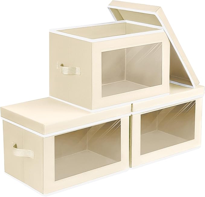 Homsorout Storage Boxes with Lids - 3 Pack Fabric Clear Window Storage Bins, Collapsible Storage Bins with Lids, Linen Closet