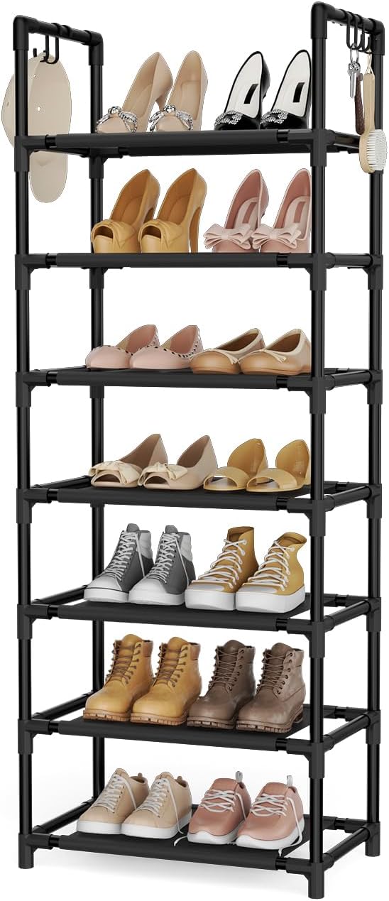LANTEFUL 7 Tiers Shoe Rack 18-20 Pairs Boots Organizer Storage Sturdy Narrow Shoe Shelf for Entryway, Closets with Hooks, Bla