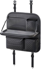 Leather Backseat Car Organizer with Foldable Table Tray & Cup Holder - Car Backseat Organizer for Kids, Women, Road Trip Essentials for SUVs, Trucks and Cars (Black)