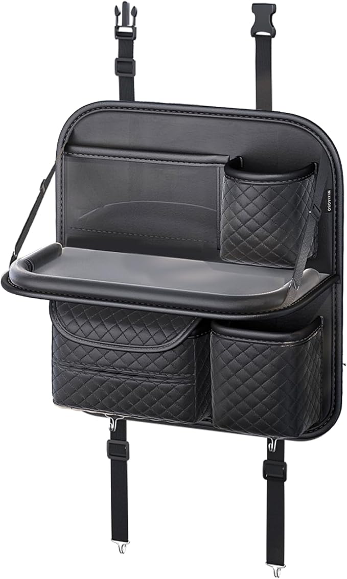 Leather Backseat Car Organizer with Foldable Table Tray & Cup Holder - Car Backseat Organizer for Kids, Women, Road Trip Essentials for SUVs, Trucks and Cars (Black)