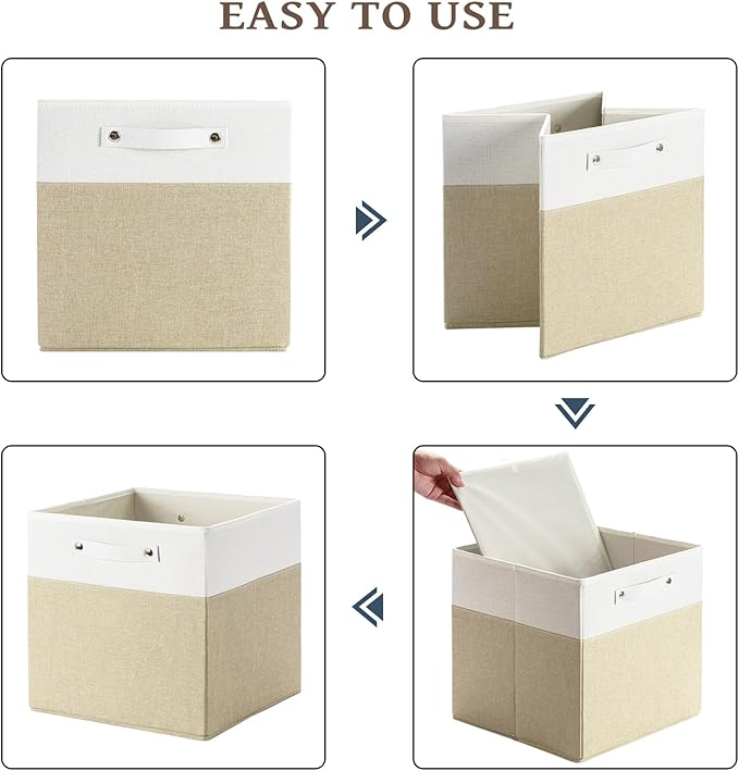 FinishingBo 13 x 13 Inch Fine Linen Storage Bins with Handles，Fabric Cube Boxs，Basket Organizers for Shelves for Home, Closet