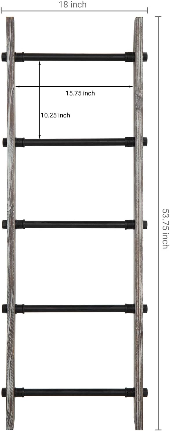 MyGift 4 Ft Torched Wood Farmhouse Blanket Ladder with 5 Matte Black Industrial Pipe Rungs, Wall Leaning Bathroom Towel Ladde