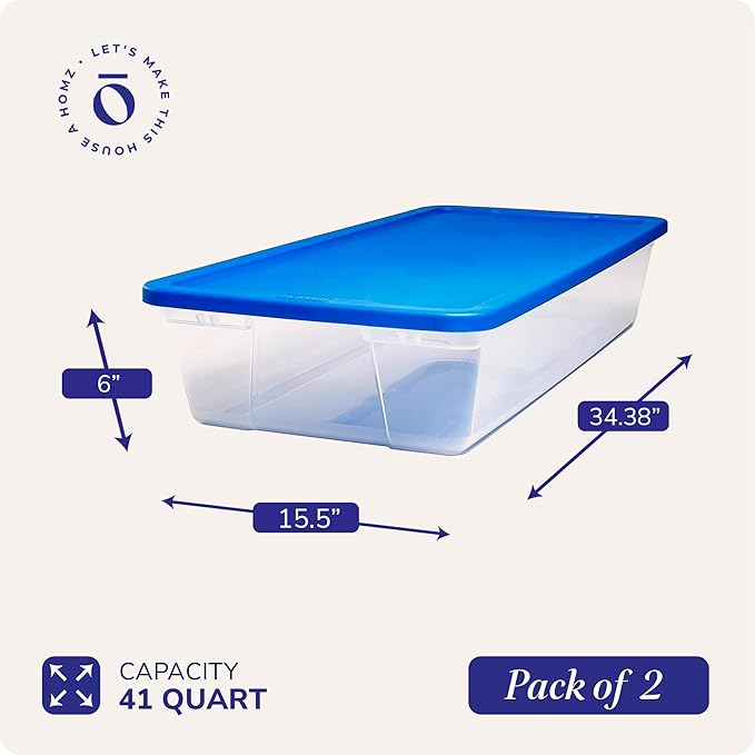 HOMZ 2-Pack Snaplock, Large Clear Plastic Storage Organizer Bins w/Lids, 41 Quart, Blue - Stackable Container Boxes for Bedro