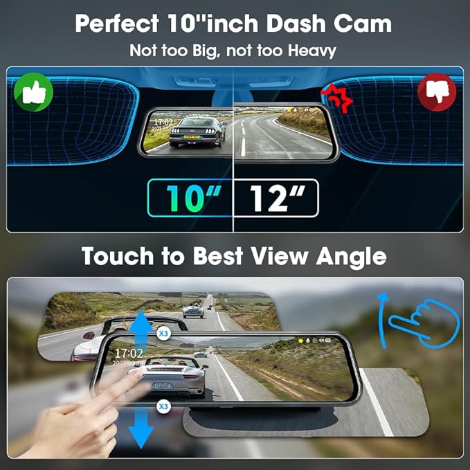 Upgraded 10'' Rear View Mirror Camera Mirror Dash Cam Front and Rear 1080P Backup Camera Full Touch Screen w Loop Recording, 