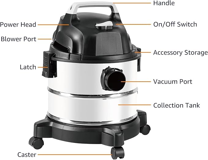 Amazon Basics Wet Dry Shop Vacuum Cleaner, 4 Gallon, 3 HP Stainless Steel, Grey/Black