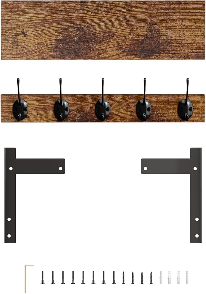 Wall Hooks with Shelf, Wood Coat Rack with Shelf Wall-Mounted, Entryway Hanging Shelves with 5 Metal Hooks for Clothes Hats T