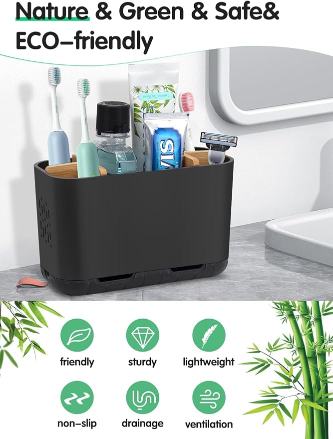 GFWARE Black Toothbrush Holder, Bamboo Toothbrush and Toothpaste Holder with Drainage, Electric Kids Matte Black Toothbrush H
