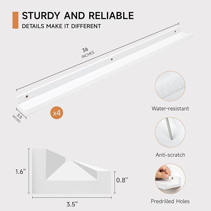 Fun Memories Picture Ledge Shelf for Wall, Floating Shelves Set of 4, 36 Inch Long Nursery Book Shelves for Toys Storage, Kid
