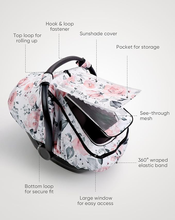 Car Seat Cover Baby Girls, Infant Car Seat Canopy Outdoor, 2 Layers with Mesh and Sun Shade Window for Summer Winter, Easy Ac