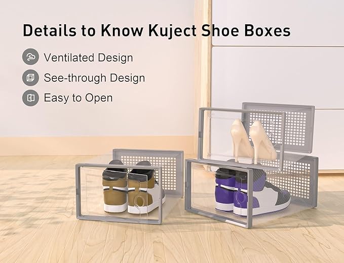 Kuject X-Large Shoe Storage Boxes Organizers Clear Plastic Stackable 12 Pack, Shoe Rack & Holder Substitute, Sneaker Containe