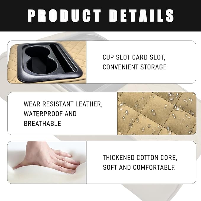 Car Center Console Armrest Pillow, Waterproof Car Armrest Cover Cushion with Cup and Phone Holder, Memory Foam Arm Rest Box Protector for Most Vehicles, Car Accessories (Beige)