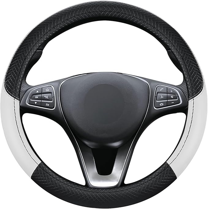 Black & White Car Steering Wheel Cover, Microfiber, Leather Patchwork, Universal 14.5-15 Inch Leather Anti-Slip Breathable Au
