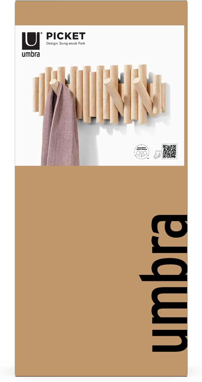 Umbra Picket Wall-Mounted Coat Rack Rail Hook with 5 Retractable Wood Pegs – Modern, Space-Saving Storage Organizer, Natural 