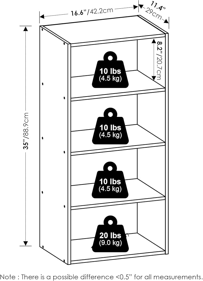 Furinno Basic Book Shelf, 4-Tier Bookcase with Open Shelf, Bookshelf, Cube Storage Organizer, 11 x 17 x 35, for Living Room, 