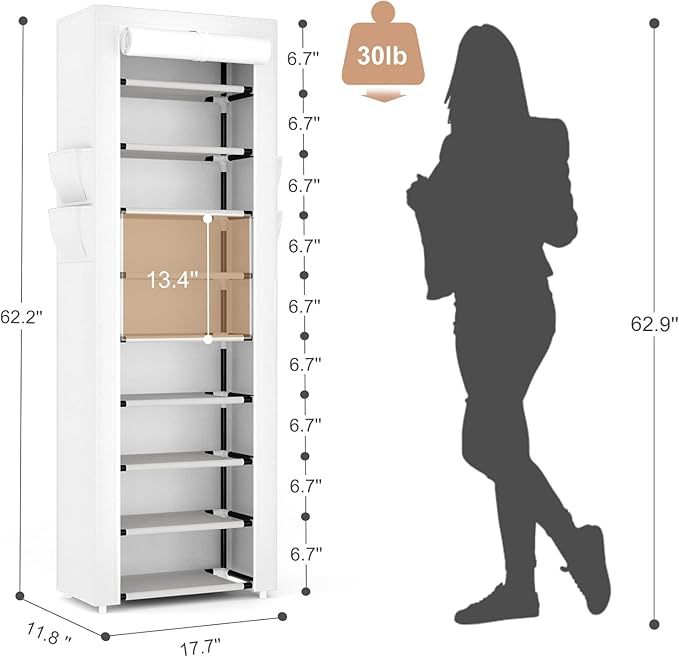 VILICK Shoe Rack with Cover Narrow Shoe Rack Organizer with 4 Side Pockets 10 Tier Tall Shoe Storage Shoe Shelf Holds 18-22 P