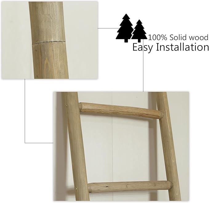 Wooden Blanket Ladder - 76in Natural & Motley Wood - Leaning Wall Decor for Bedroom, Bathroom, Living Room - Rustic Quilt Hol