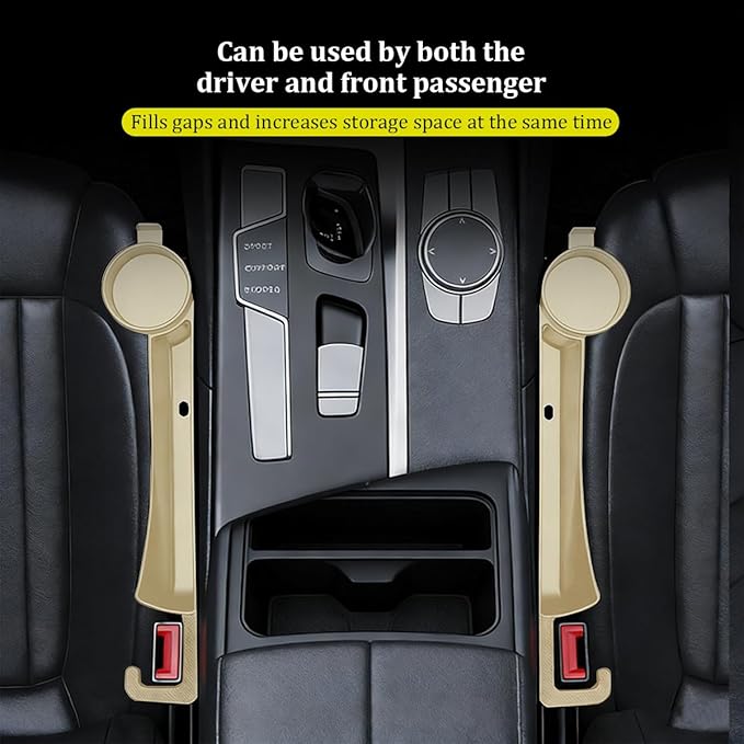 2PCS Car Seat Gap Filler, Soft Carbon Fiber Vehicle Between Seat and Console Organizer with Cup Holder, Prevent Falling Automotive Interior Chair Gap Plug, Universal Fit (Beige)
