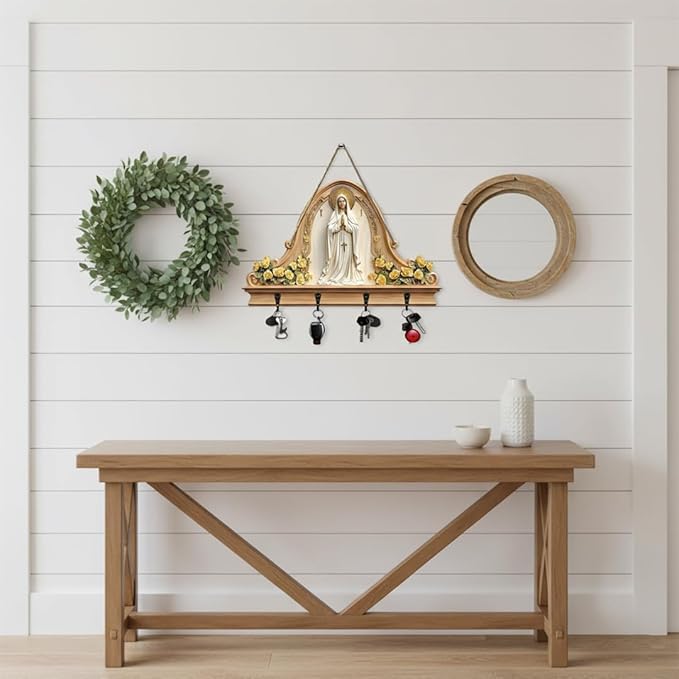 2D Flat Virgin Mary Praying Wall Art Keychain Holder, Rustic Wooden Key Rack with 4 Metal Hooks, Farmhouse Religious Decor fo