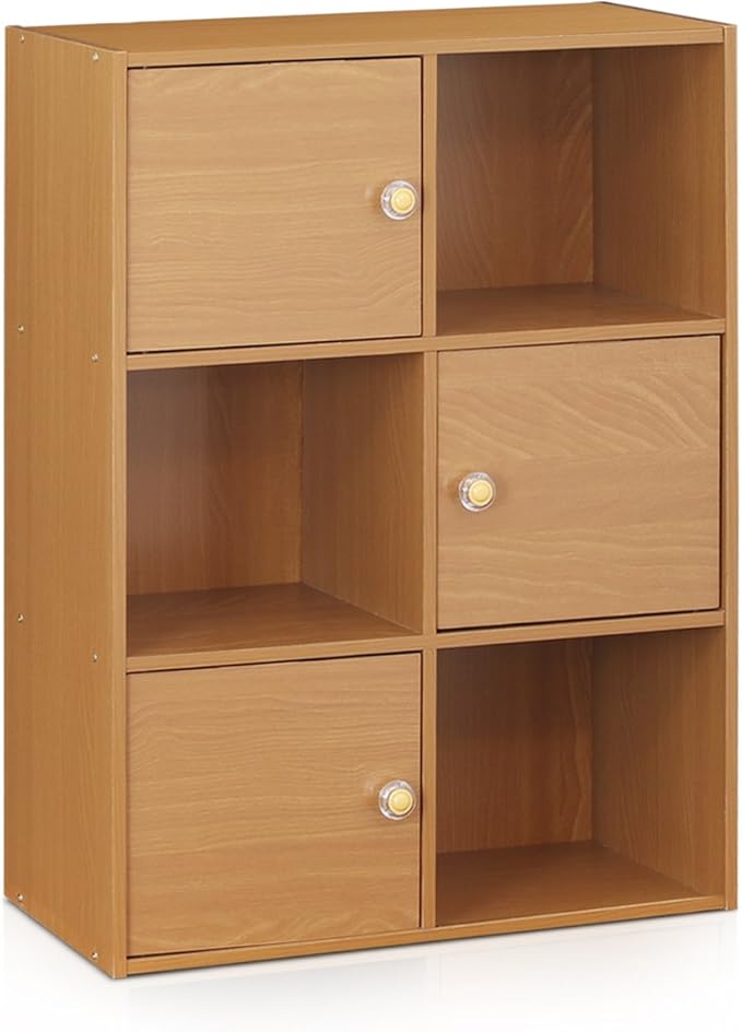 Furinno Pasir 3-Tier Shelf with 3 Door/Round Handle, Light Cherry