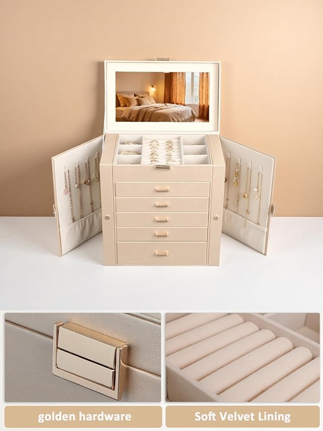BOOVO Jewelry Box For women, 6 Layer Large Jewelry Organizer With Mirror, Multi-Function Storage Box With Lock, Necklace Hold