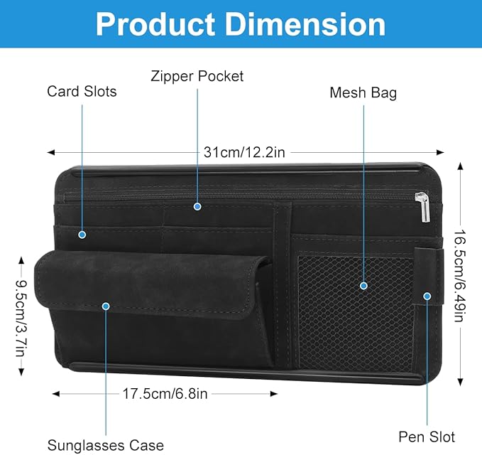 Sun Visor Organizer, Multi-Pocket Auto Visor Organizer for Car, SUV and Truck, Card Holder Glasses Holder for Car Interior Accessories Car Organizers And Storage, Black