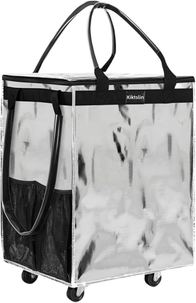 (Medium, Starlight Silver)Reusable Grocery Bag on 4 Wheels,Foldable Rolling Tote Carries Up to 66lb Shopping Trolley,Rolling Bag with 3 Handles,Zipper Clouser Rolling Tote Bag with Wheels for Laundry