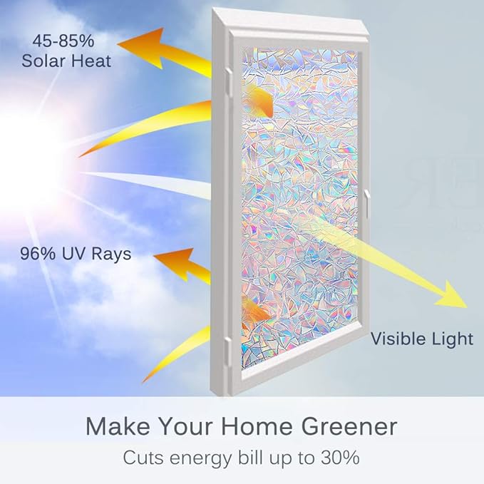 Volcanics Window Privacy Film with Installation Tools, Static Window Clings Vinyl 3D Window Decals Window Stickers Rainbow Window Film for Glass Door Home Heat Control Anti UV 17.5 x 118 Inches