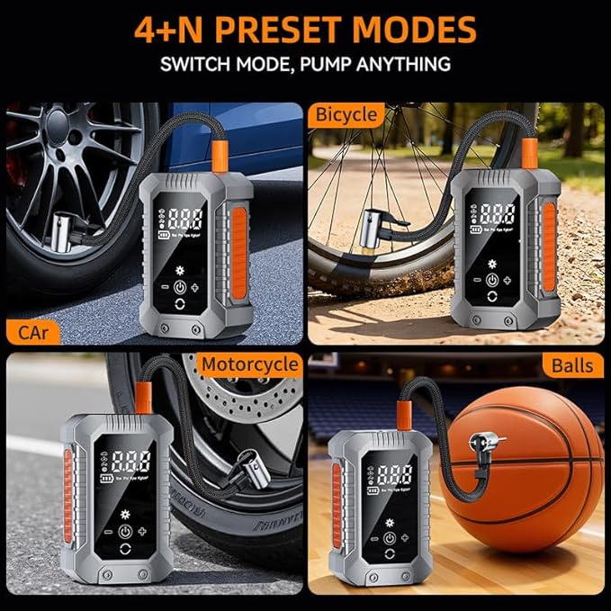 Cordless Tire Inflator Portable Air Compressor - 3600mAh Rechargeable Car Tire Pump with Digital Pressure Gauge, LED Light, Auto Shut Off, Dual Power Source for Car, Motorcycle, Bicycle, Balls