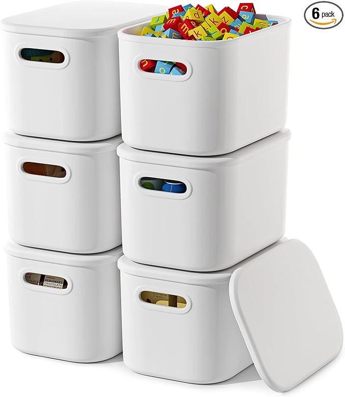 6 Pack White Storage Bins with Lids Stackable Storage Container for Organizing, Small Storage Boxes with Handle for Shelves, 