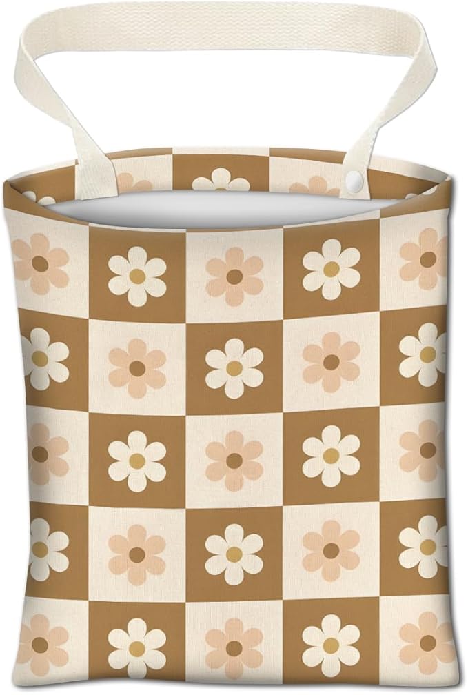 Car Trash Can, Cute Car Trash Bag, Hanging Car Organizer and Storage Bag, Trash Bin for Car Accessories, Vehicle, Travelling, Camping Luxury Beige Checkerboard Daisy