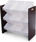 Humble Crew 9-Bin Toy Organizer – Journey Natural Espresso with White Plastic Bins, 3-Tier Storage Solution for Kids' Playroo