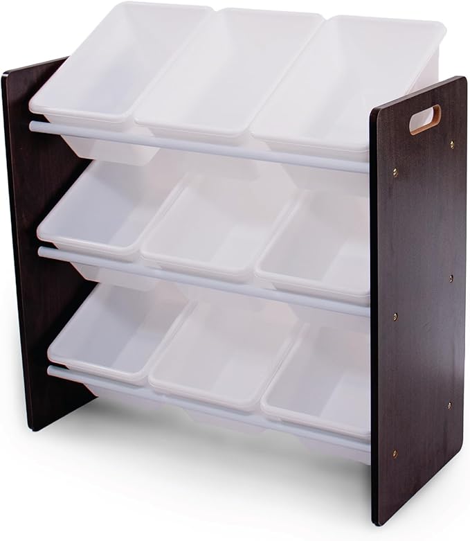 Humble Crew 9-Bin Toy Organizer – Journey Natural Espresso with White Plastic Bins, 3-Tier Storage Solution for Kids' Playroo