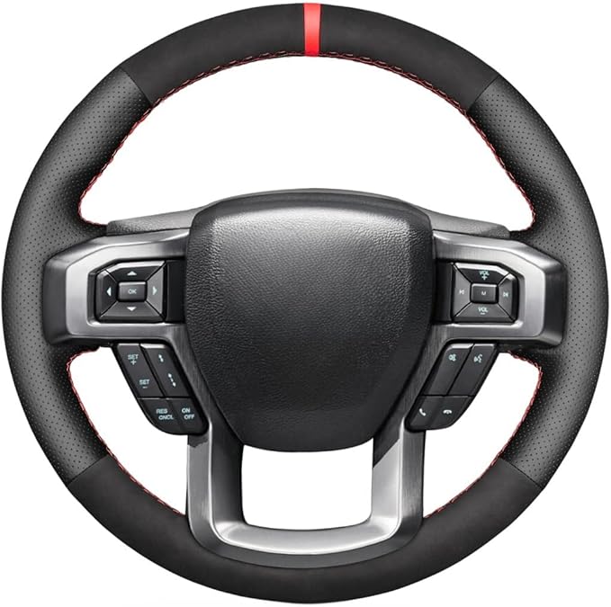 MEWANT Hand Stitch Black Genuine Leather Suede Steering Wheel Cover for Ford F-150 F-250 F-350 F-450 F-550 F-600 F-650