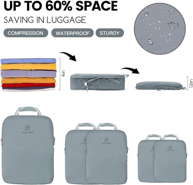 PFEYRPK Lightweight Compression Packing Cubes for Suitcases, Compressible Expandable Travel Packing Organizer with Clear Toil