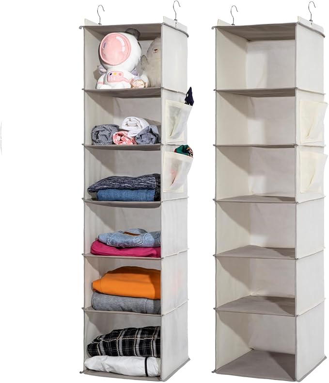 2 Packs Hanging Closet Organizer, 6-Shelf Closet Organizers and Storage with Side Pockets, Collapsible Hanging Shelves for Cl