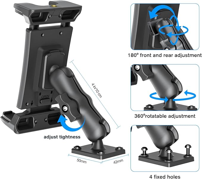 OHLPRO Car Tablet Holder - Heavy Duty Drill Base, Tablet Mount for Truck Compatible with iPad Samsung Tab 5"-13" Tablets and Phones, iPad Stand for Wall/Business/Vehicle/Desktop, etc.-4-inch Arm
