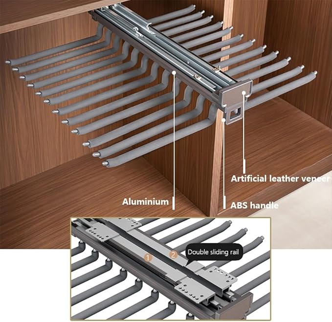 Pull Out Trouser Rack 16-24 Arms, Double Row Hanger, Extendable Pants Holder Sliding Closet Hanger Rail for Pants Clothes Org