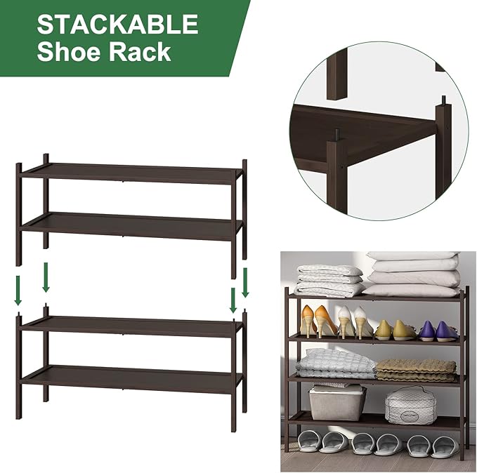 kiplant Shoe Rack for Entryway, Bamboo Wood Shoe Rack 4-Tier, Stackable Shoe Organizer for Closet, Free Standing Shoe Racks f