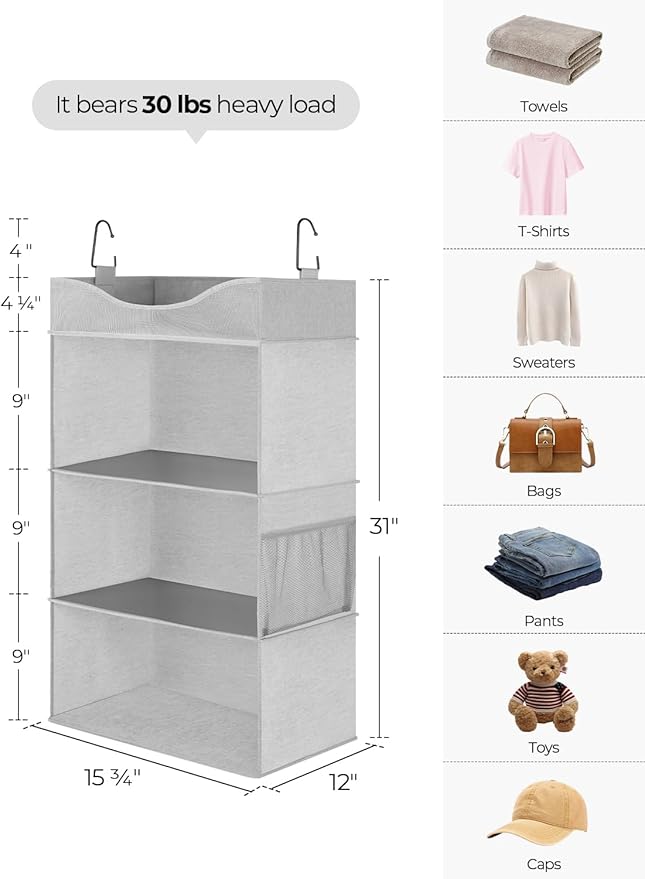 StorageWorks Hanging Closet Organizer, 3-Shelf Hanging Closet Shelves with Top Shelf, 15 ¾"W x 12" D x 31" H, Extra-Large Spa